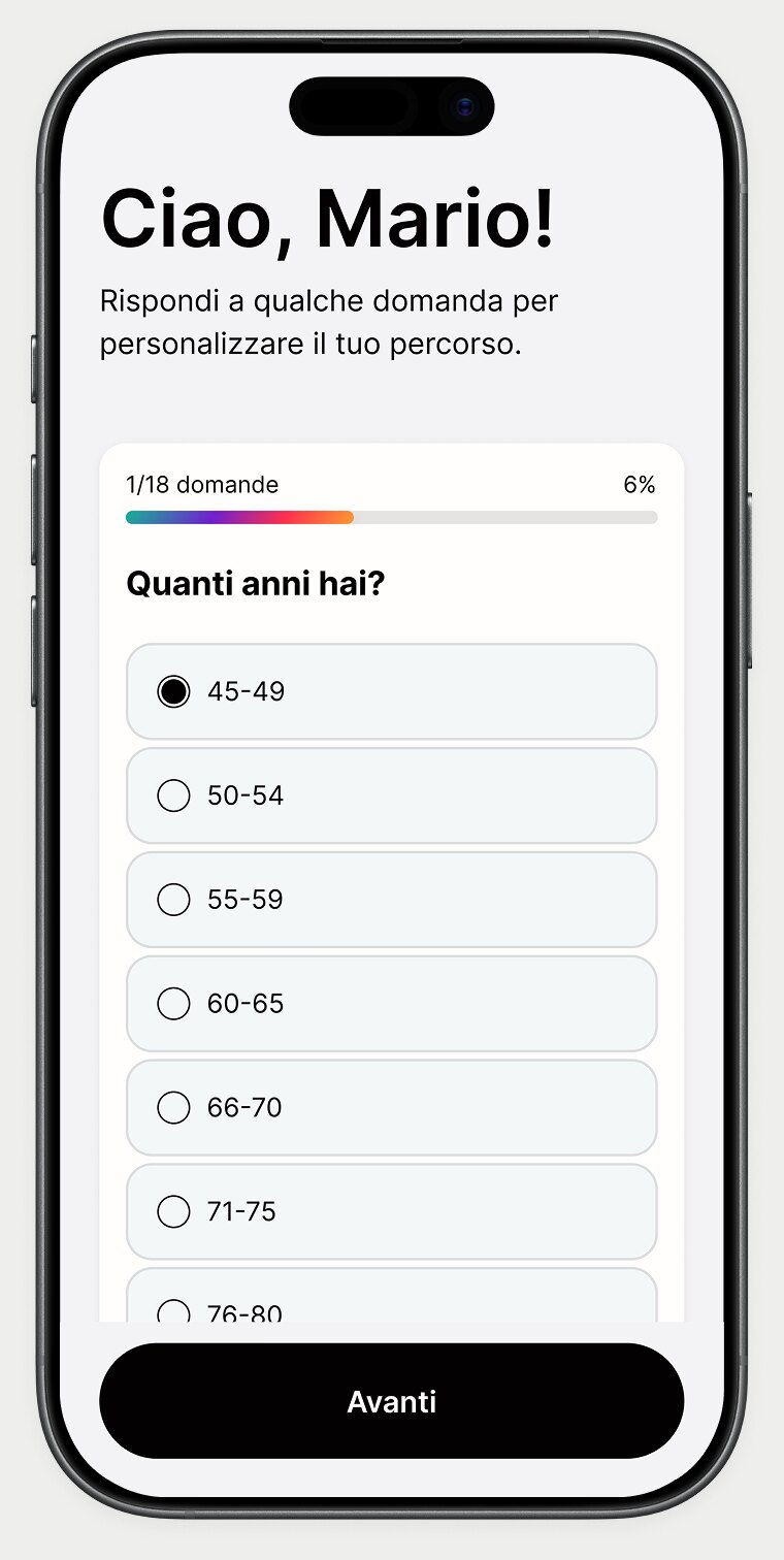 Schermata di onboarding di Metis: «Ciao, Mario!», prima di 18 domande sul profilo, con le fasce di età da selezionare.