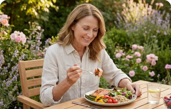 Donna che mangia un piatto equilibrato con verdure, cereali e pesce, seduta in giardino.