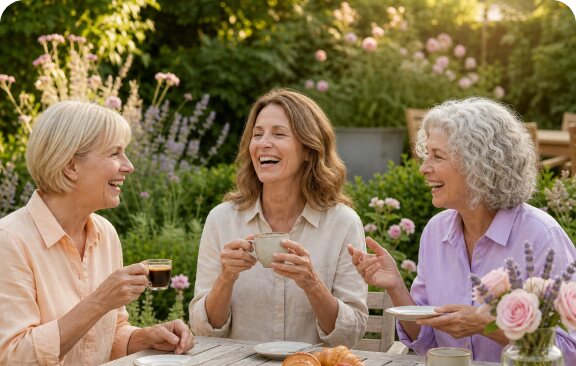 Tre donne ridono insieme davanti a un caffè, sedute a un tavolo in giardino.