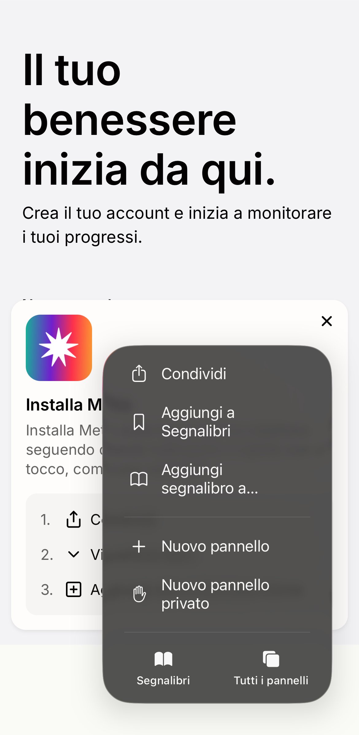 Menu di Safari con l'opzione «Condividi» evidenziata.