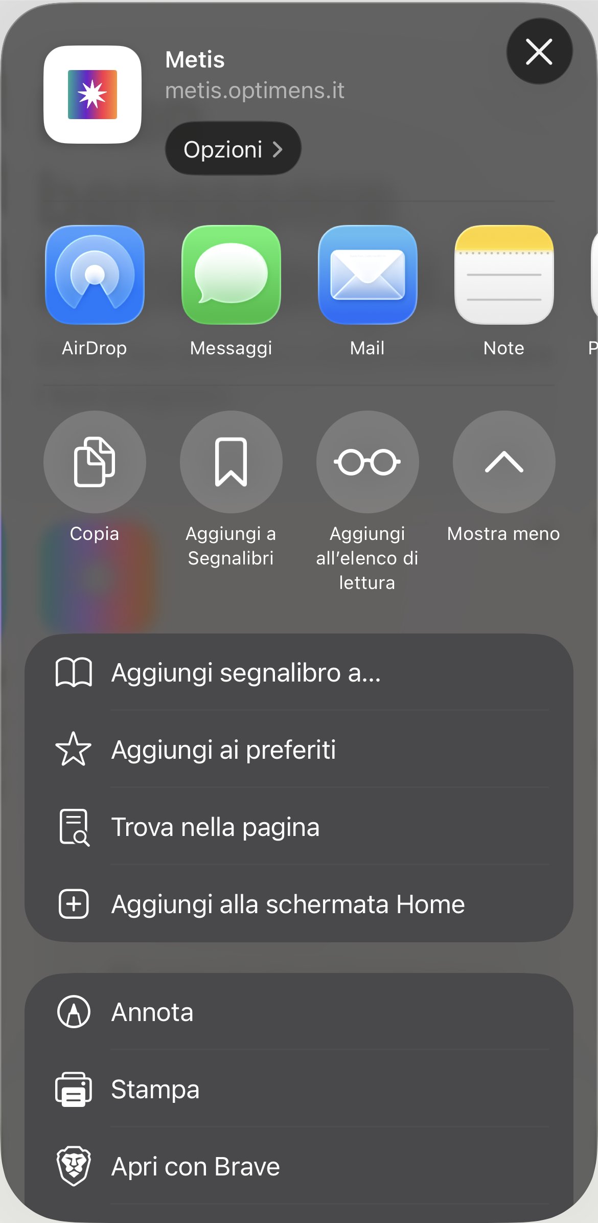 Lista di azioni con «Aggiungi alla schermata Home» evidenziata.