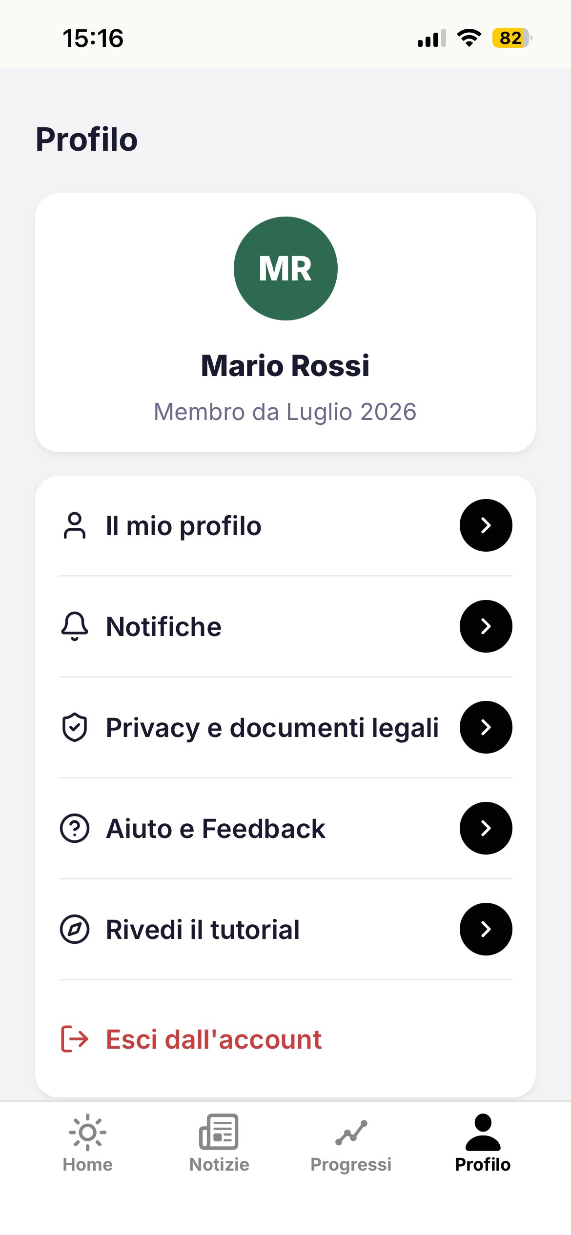 Schermata profilo con la voce «Aiuto e Feedback» evidenziata.