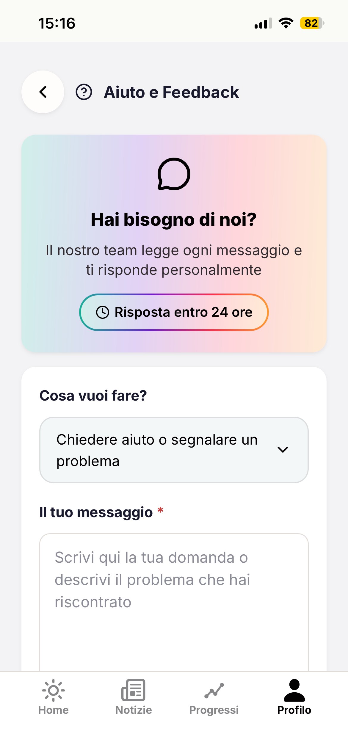 Form di contatto per scrivere un messaggio all'assistenza.